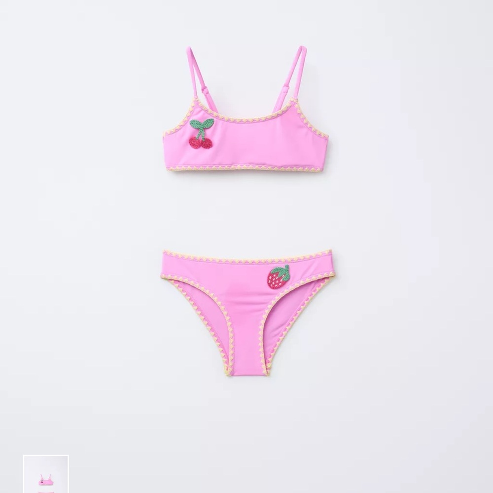 Pink Kids Swimwear Set with Fruit Embroidery